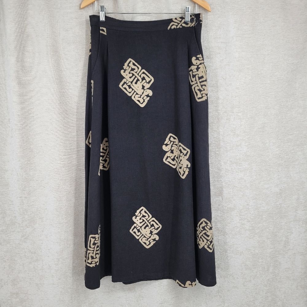 Asia Craft Black and Tan Linen Blend Maxi Skirt Boho Earthy Neutral Women's